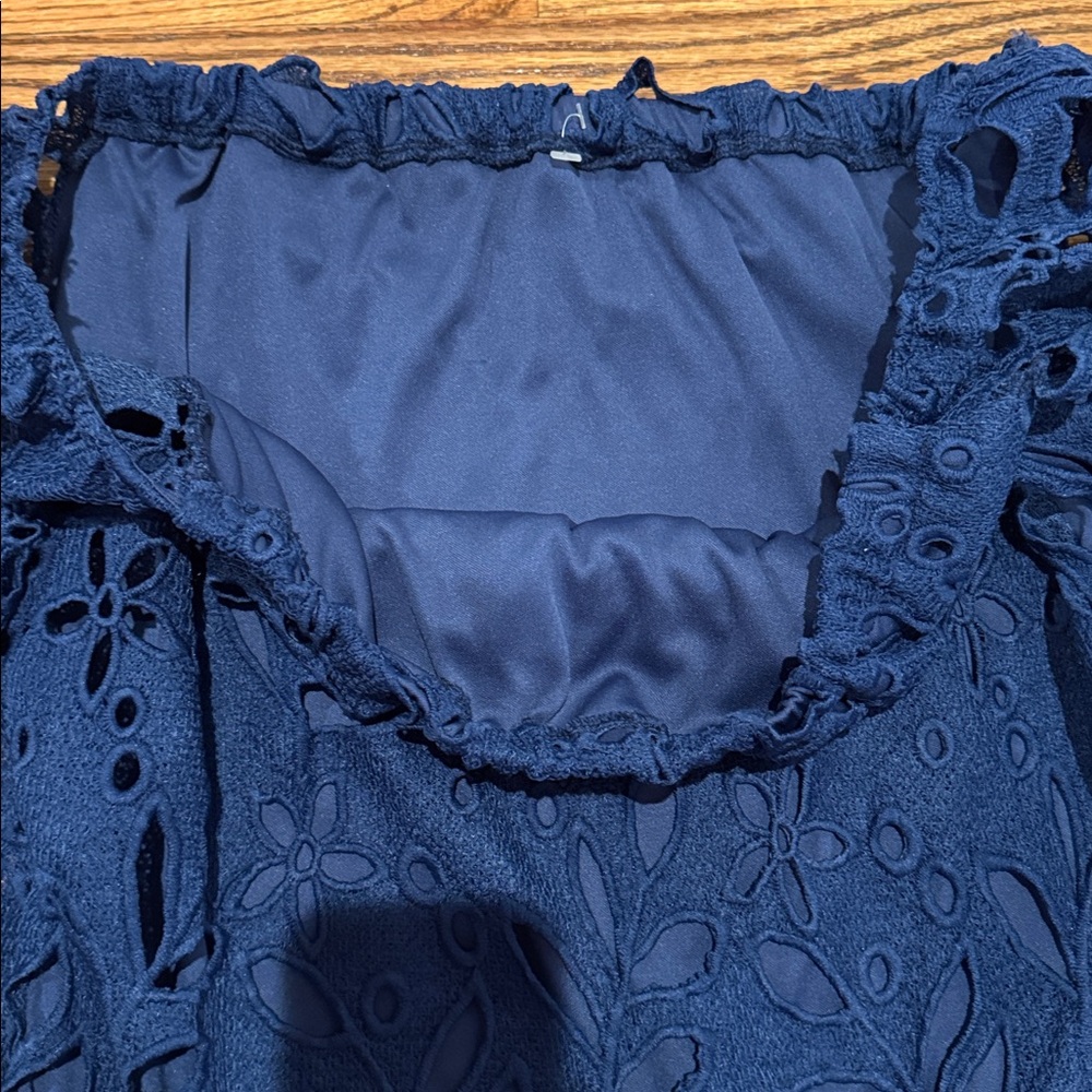 Elegant Navy Blue Eyelet Mini Dress - Picture 6 of 8